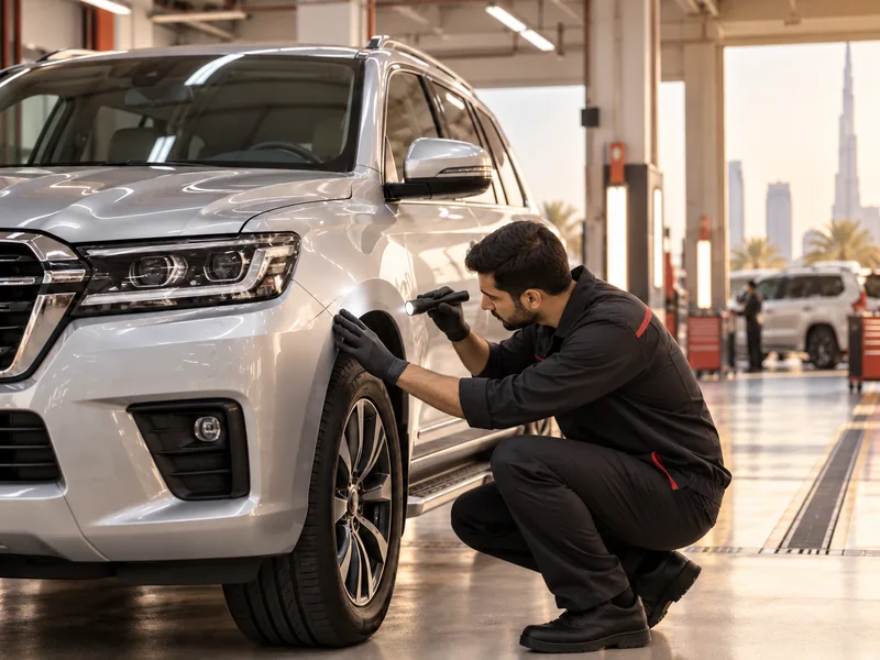 Automotive inspector examining vehicle bodywork during a computer-vision inspection