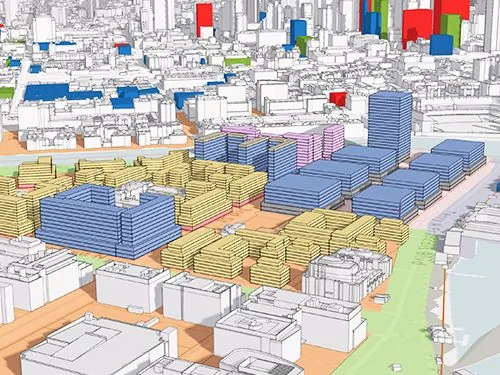 Three-dimensional extruded city model built from building footprints and height attributes