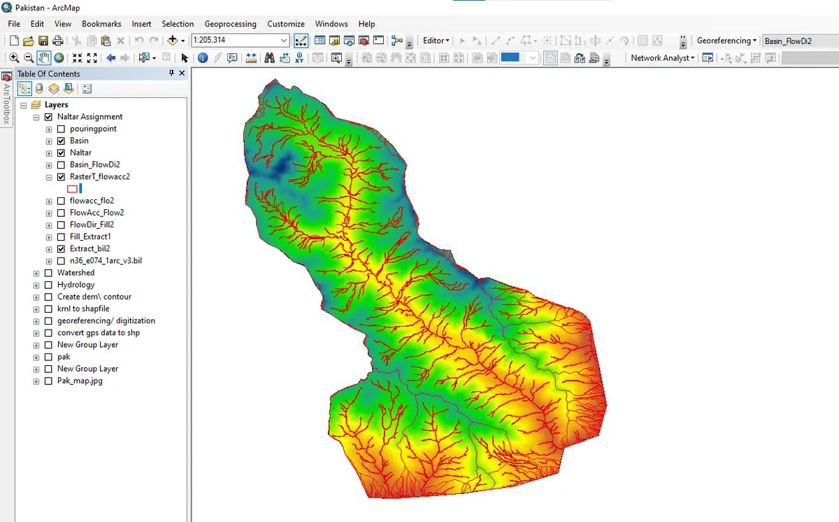 Digital elevation model rendered with a spatial analysis toolbox open