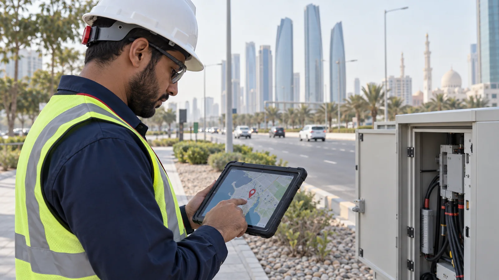 Field engineer checks a utility asset location on a GIS tablet beside an Abu Dhabi road