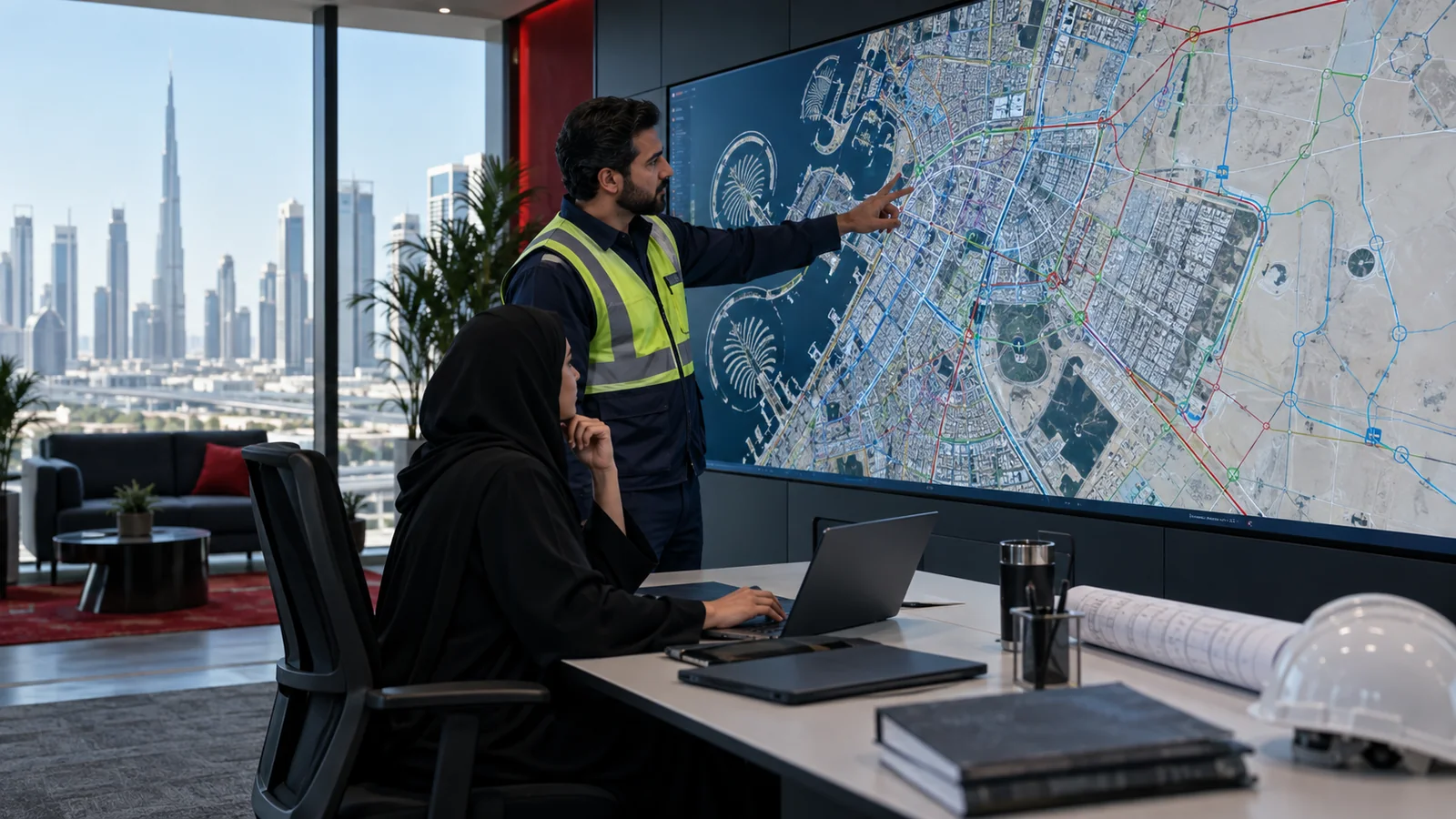 GIS analysts review city roads and utility networks on a digital map in a UAE operations room