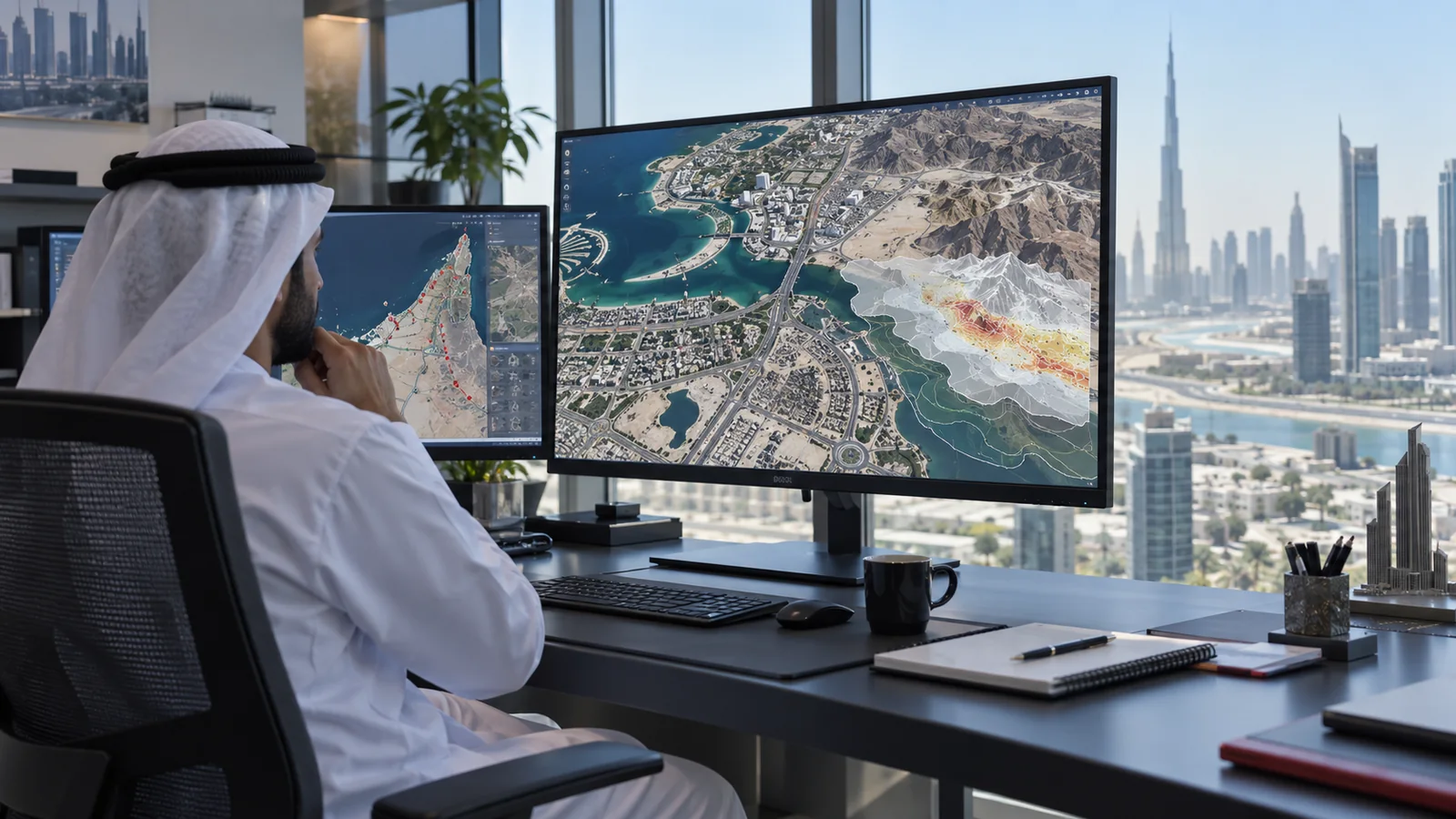 Geospatial analyst reviews satellite imagery and terrain layers for a UAE development area
