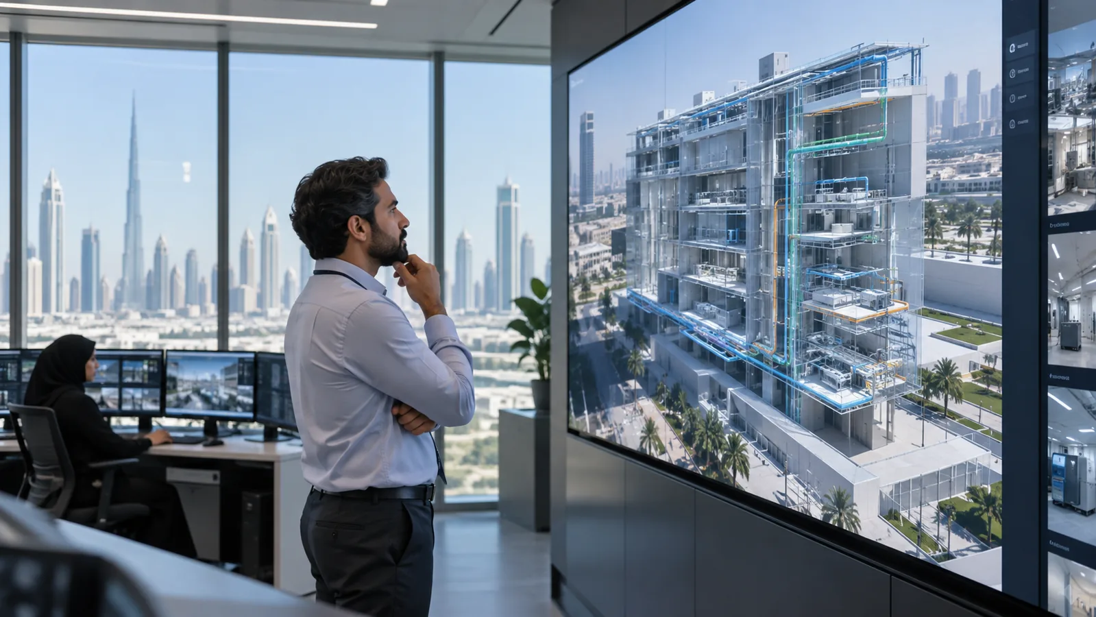 Building systems engineer reviewing a digital twin of a modern UAE facility