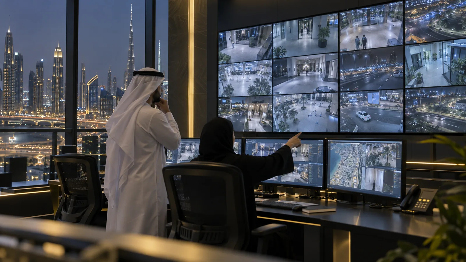 Security operations team reviewing AI-assisted camera feeds in the UAE