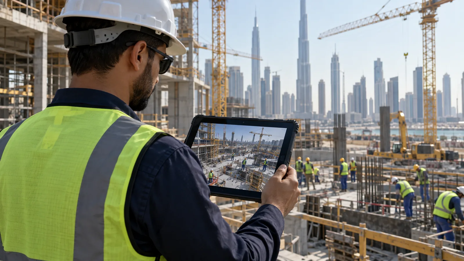 Computer vision field engineer reviewing safety-camera coverage at a construction site