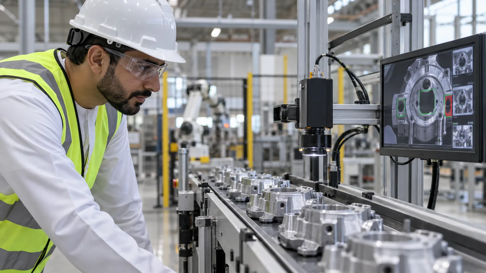 Engineer reviewing computer vision inspection at a UAE manufacturing site
