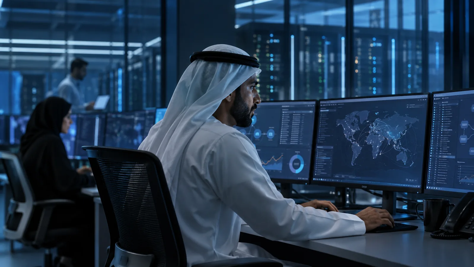 Cybersecurity specialists reviewing live security operations in a UAE operations centre