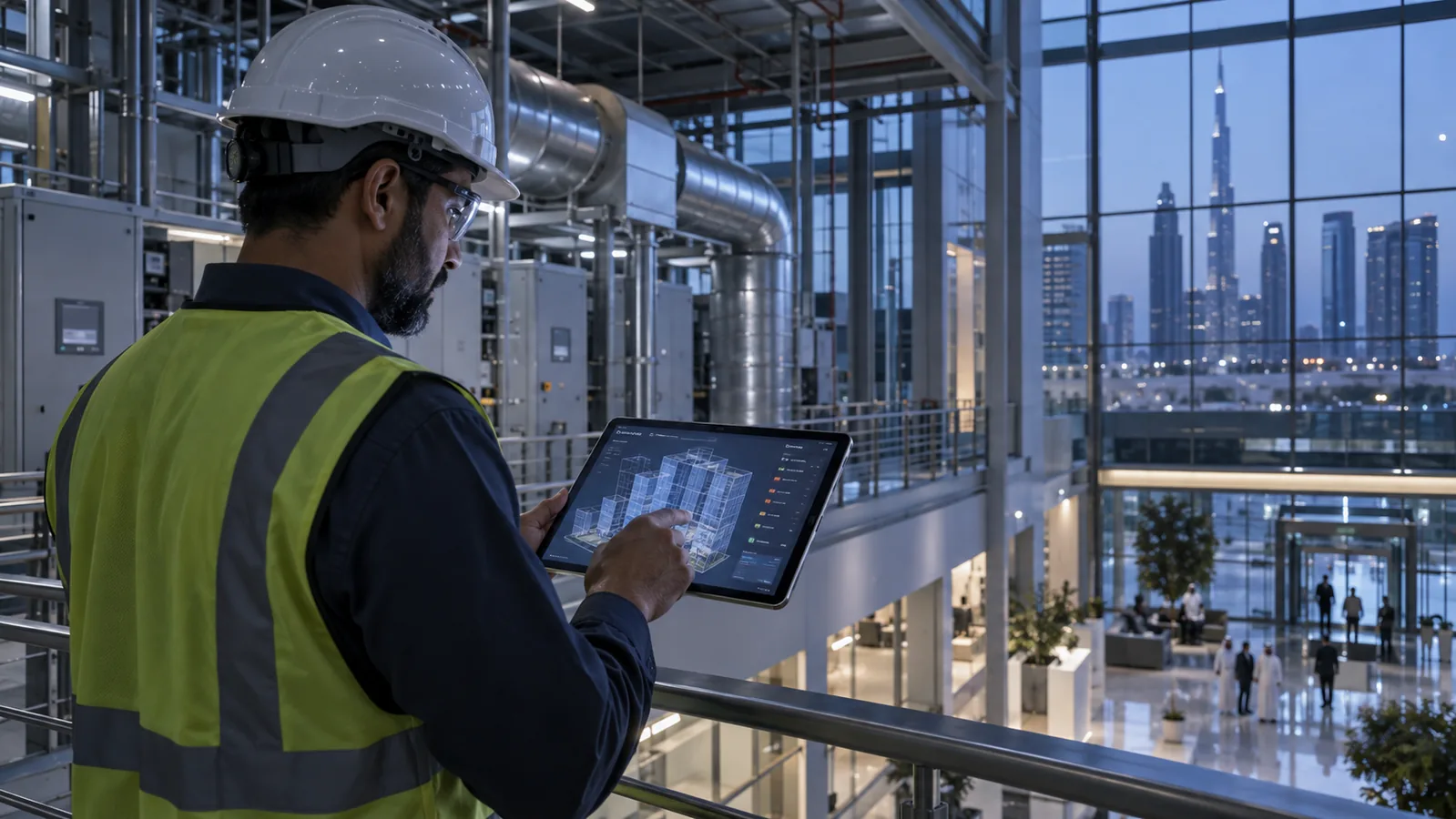 Facilities engineer reviewing a digital model of a modern building