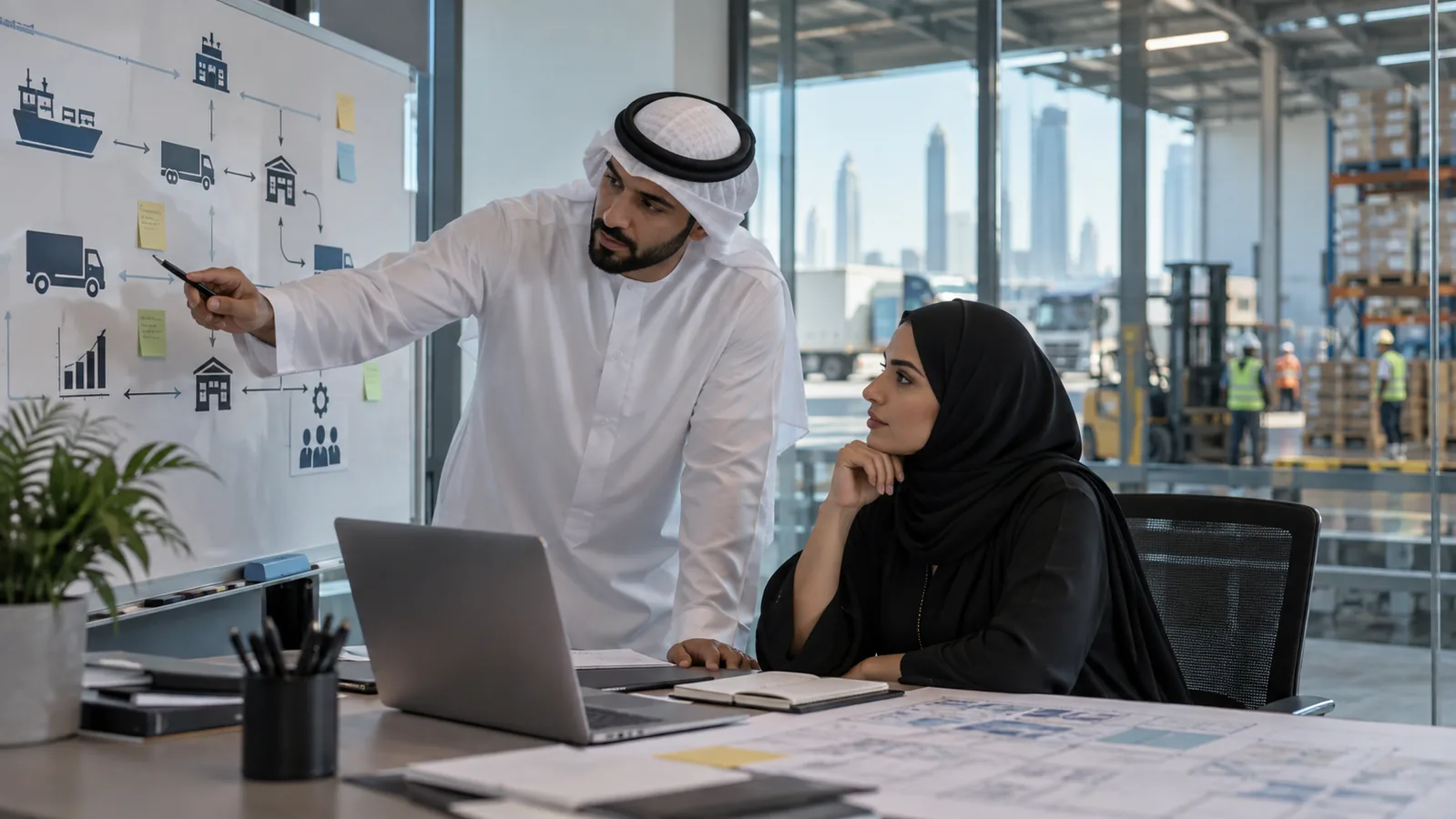 Logistics team reviewing a connected warehouse workflow