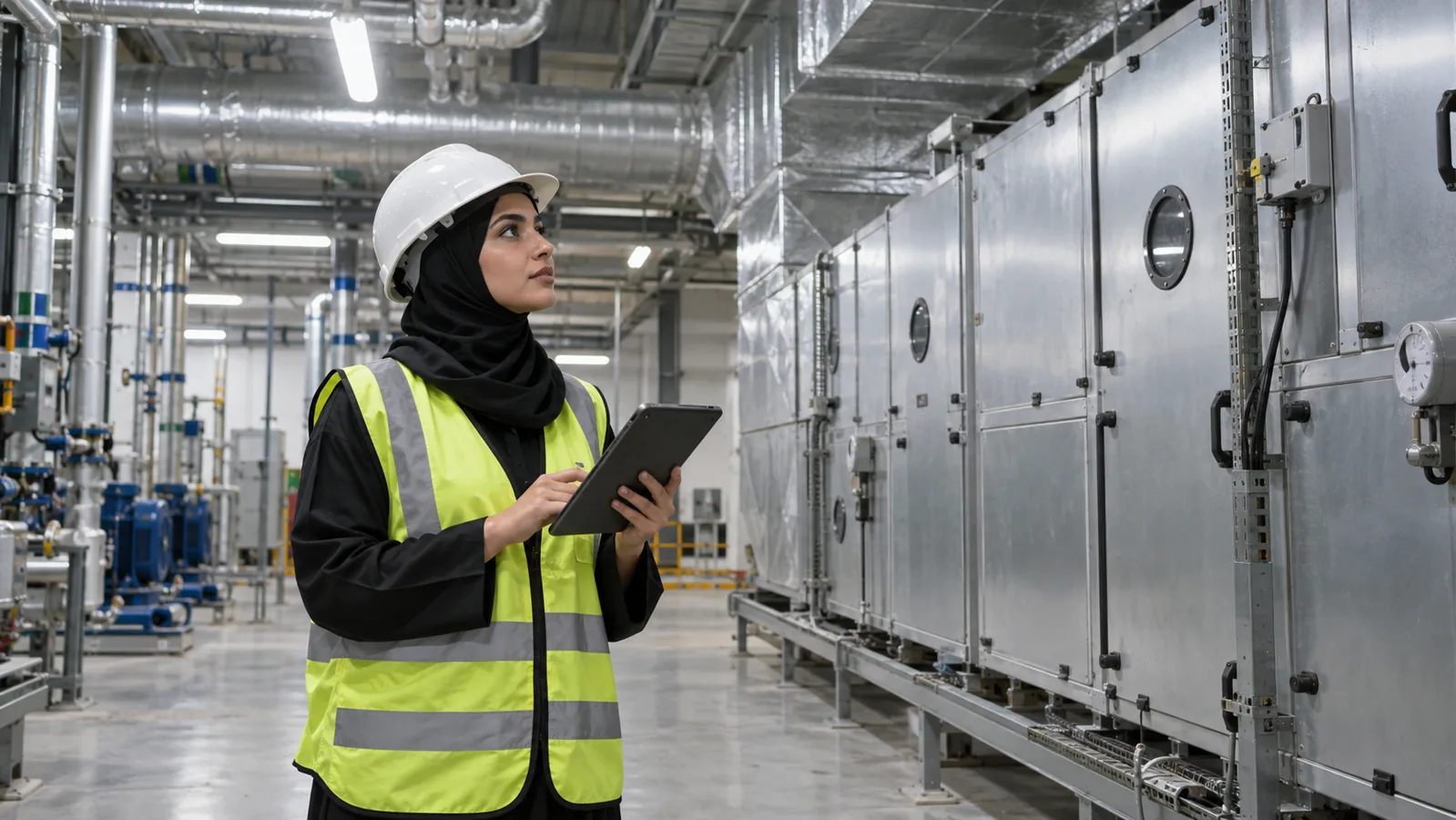 Facilities specialist checking connected equipment in a commercial building