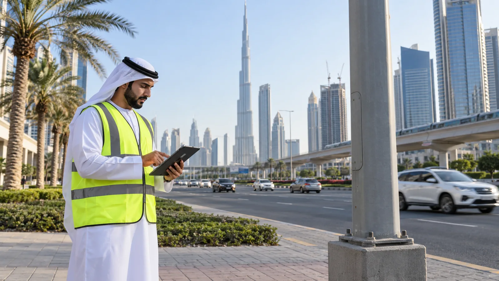 Municipal field engineer checking mapped road infrastructure in Dubai