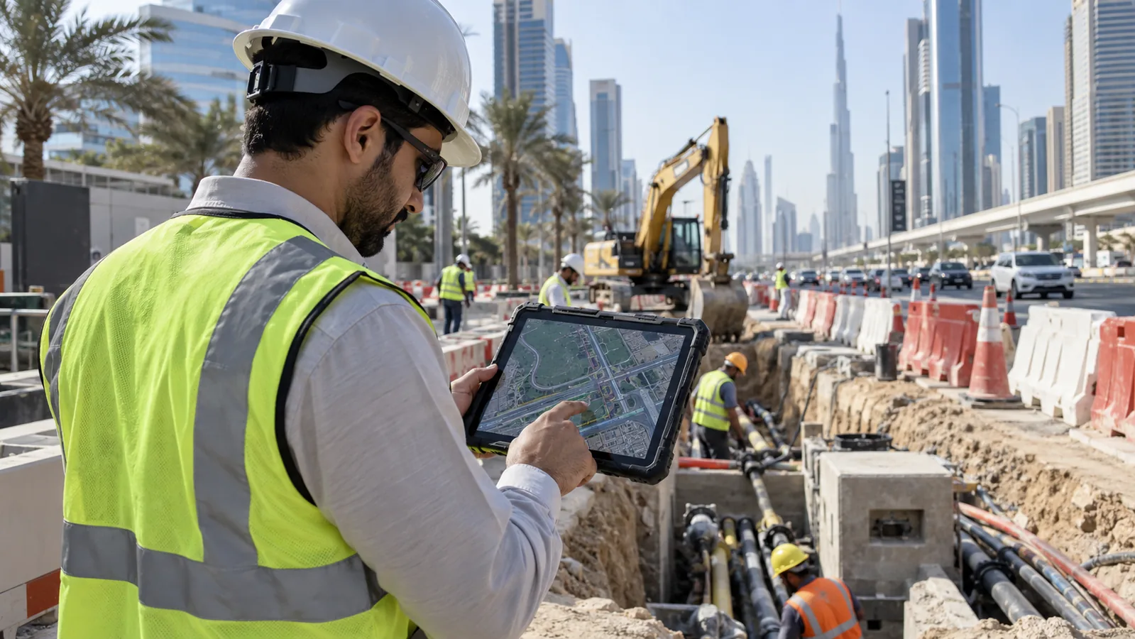UAE infrastructure engineer reviewing a digital site plan