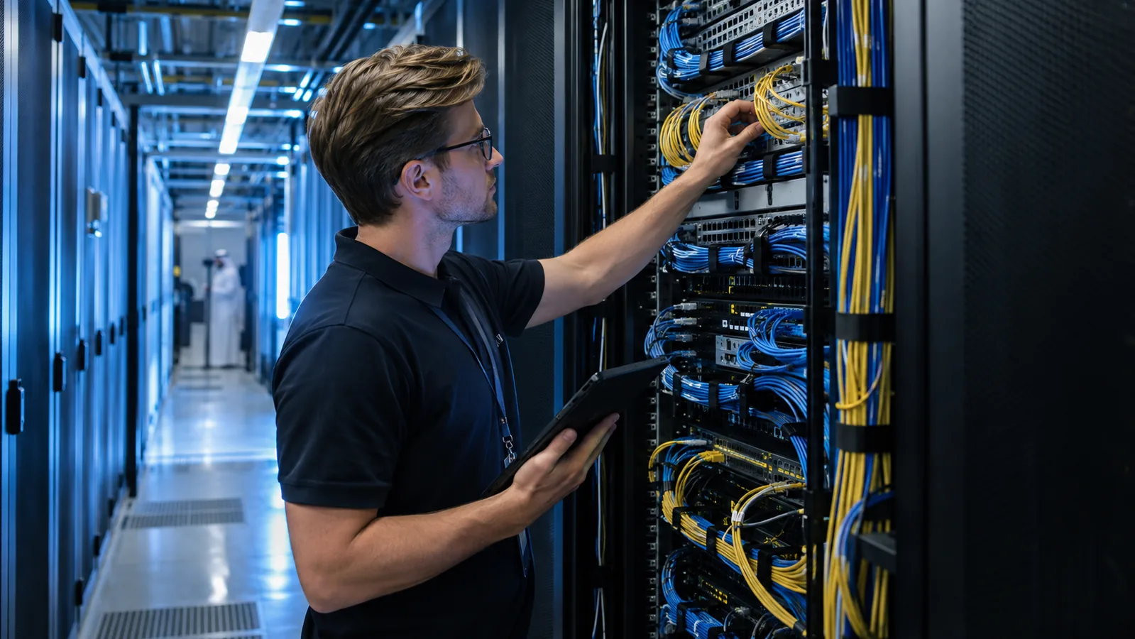 Network engineer inspecting enterprise data-centre infrastructure