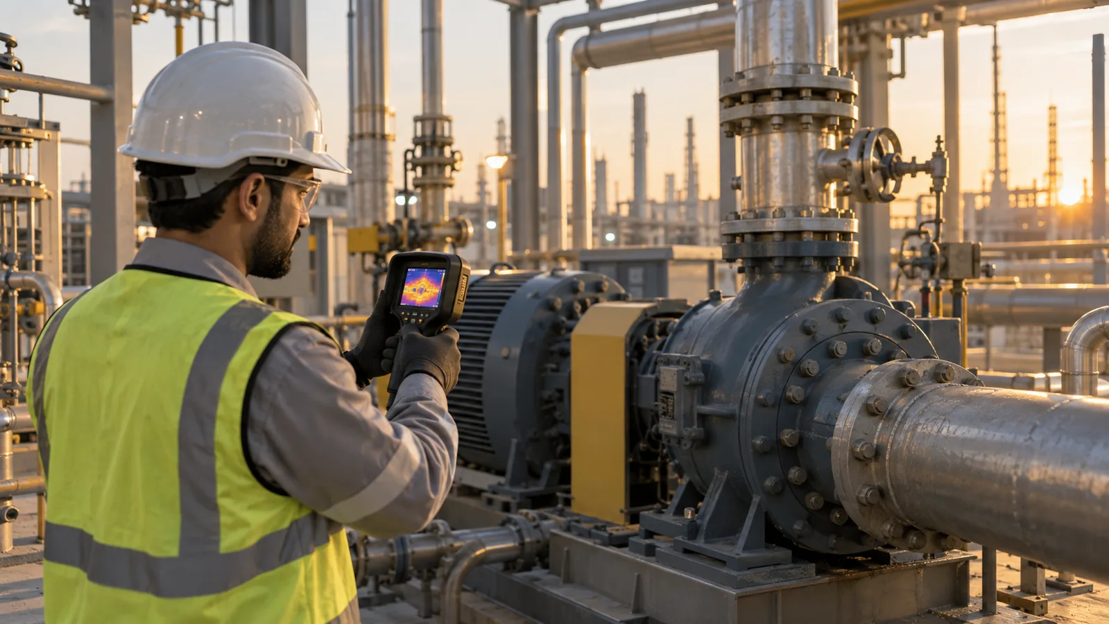 Engineer inspecting industrial equipment with a thermal camera in the UAE