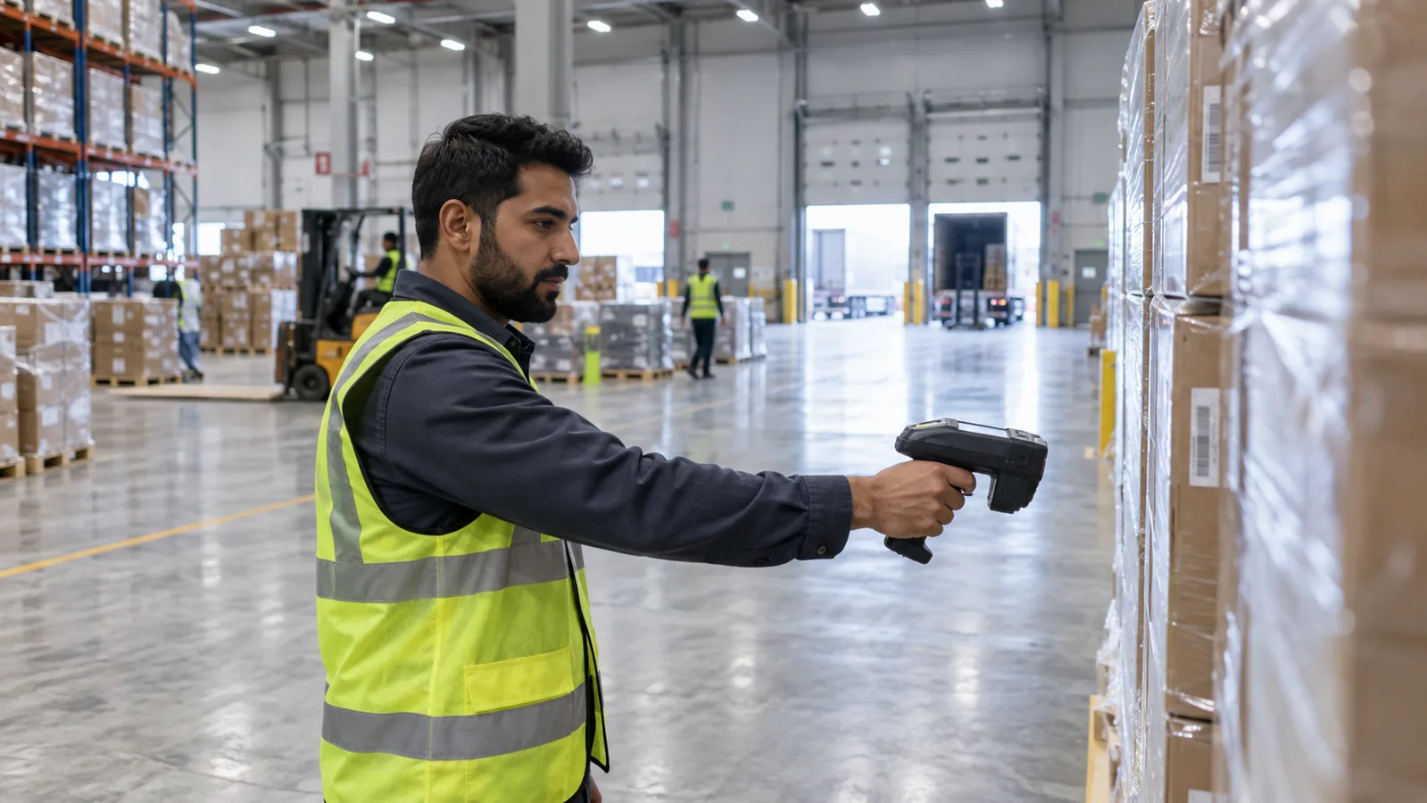 Warehouse engineer using RFID handheld equipment to verify inventory