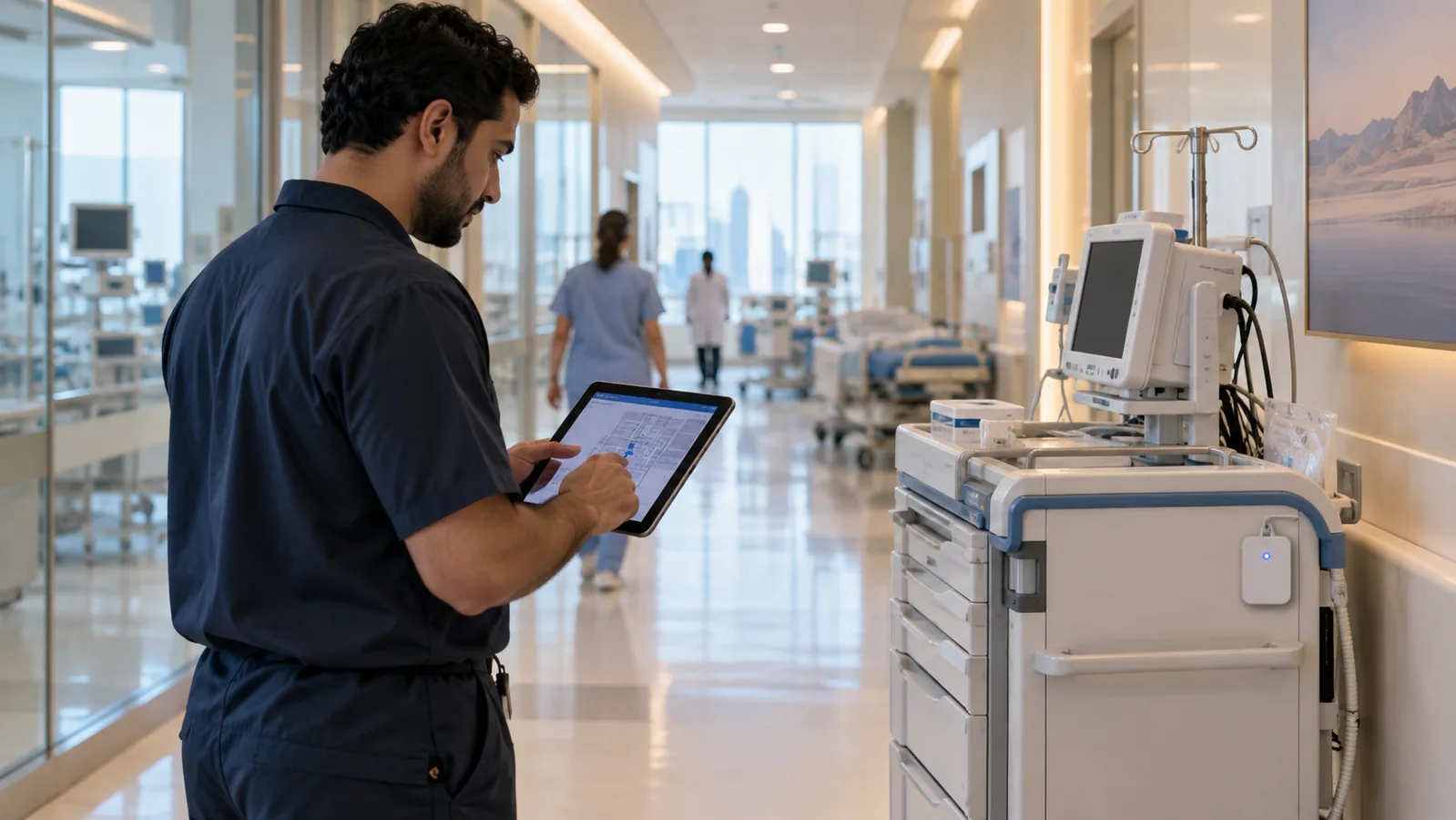 Hospital engineer checking connected medical equipment with a tablet