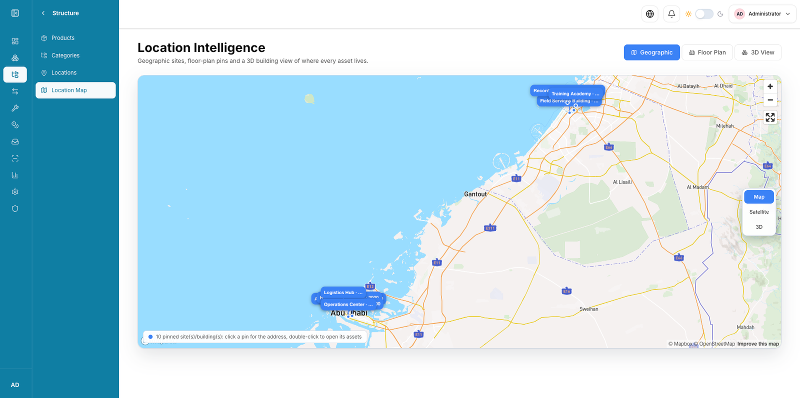 Octopus geographic map with pinned operational sites