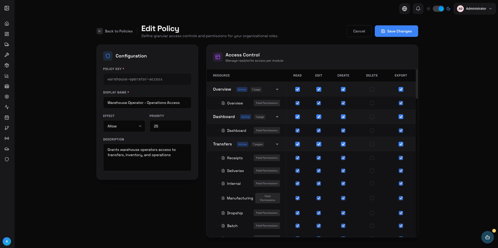 Octopus dark-mode policy editor with role permissions