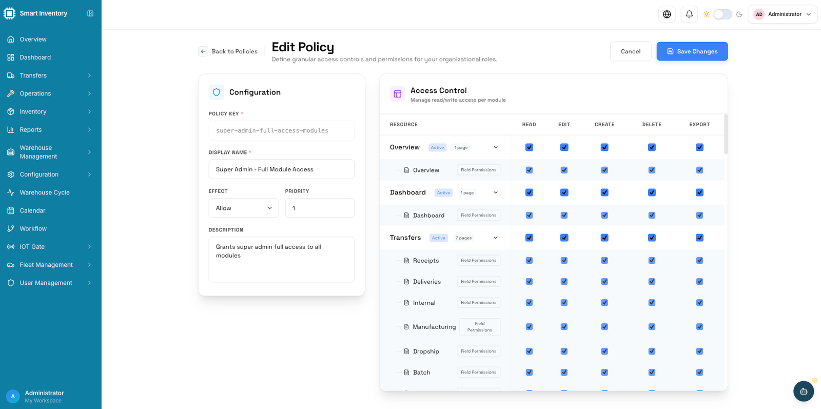 Octopus policy editor with module access permissions