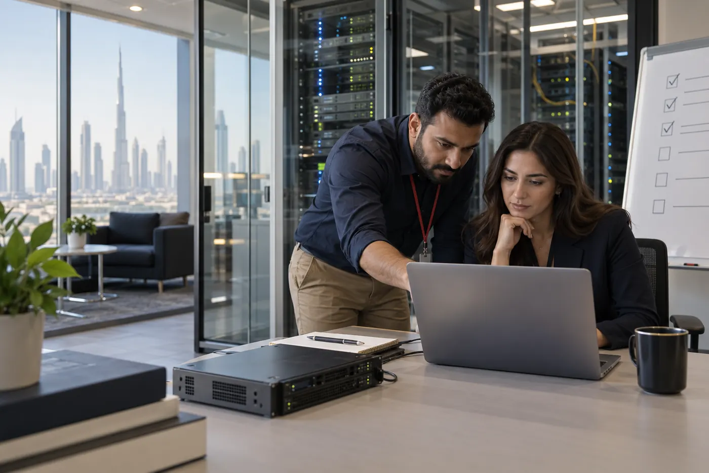 Odoo consultants rehearsing a release upgrade beside staging infrastructure in Dubai