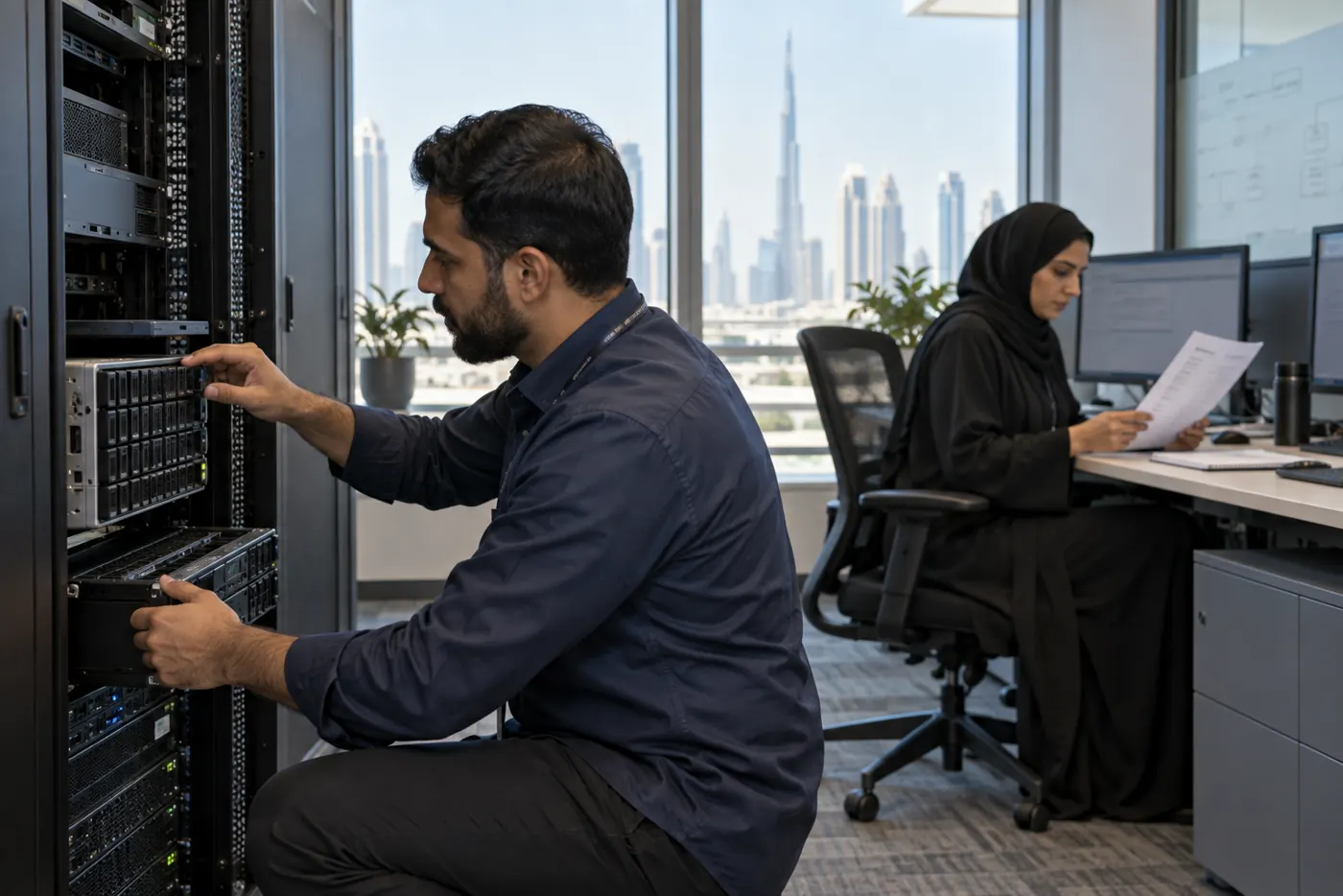 Engineer preparing a staging server while a colleague reviews upgrade checks