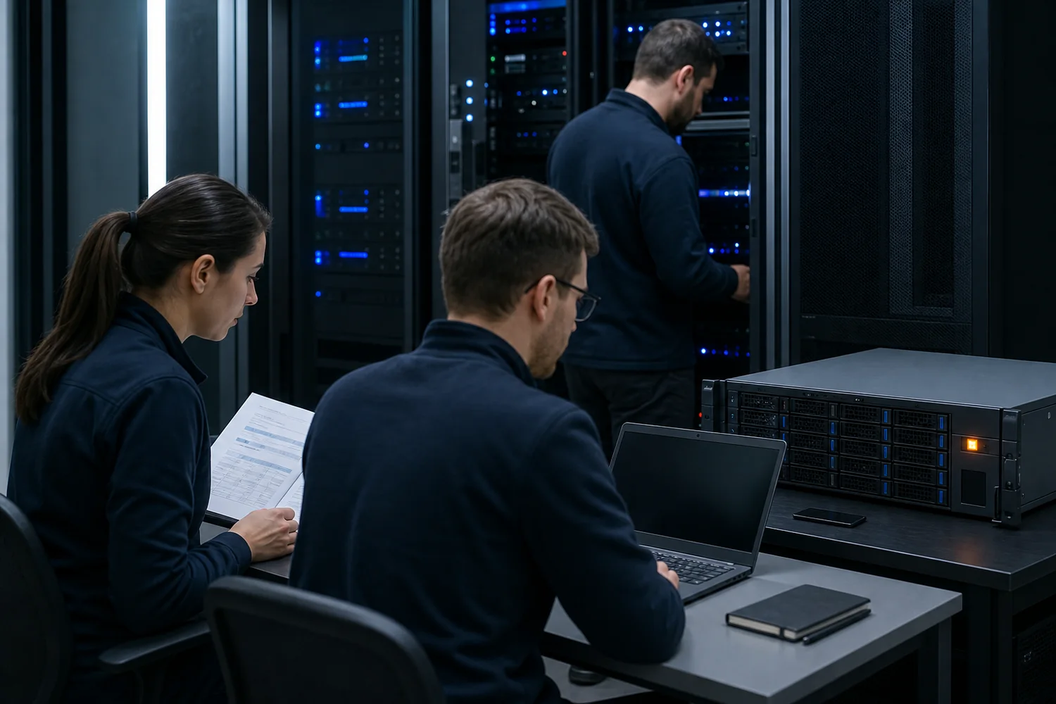 Cybersecurity response team reviewing a recovery and containment plan