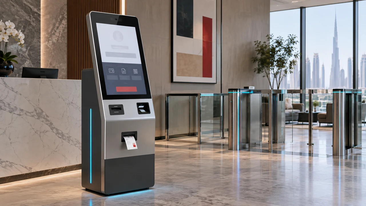Self-service visitor registration kiosk at a reception area