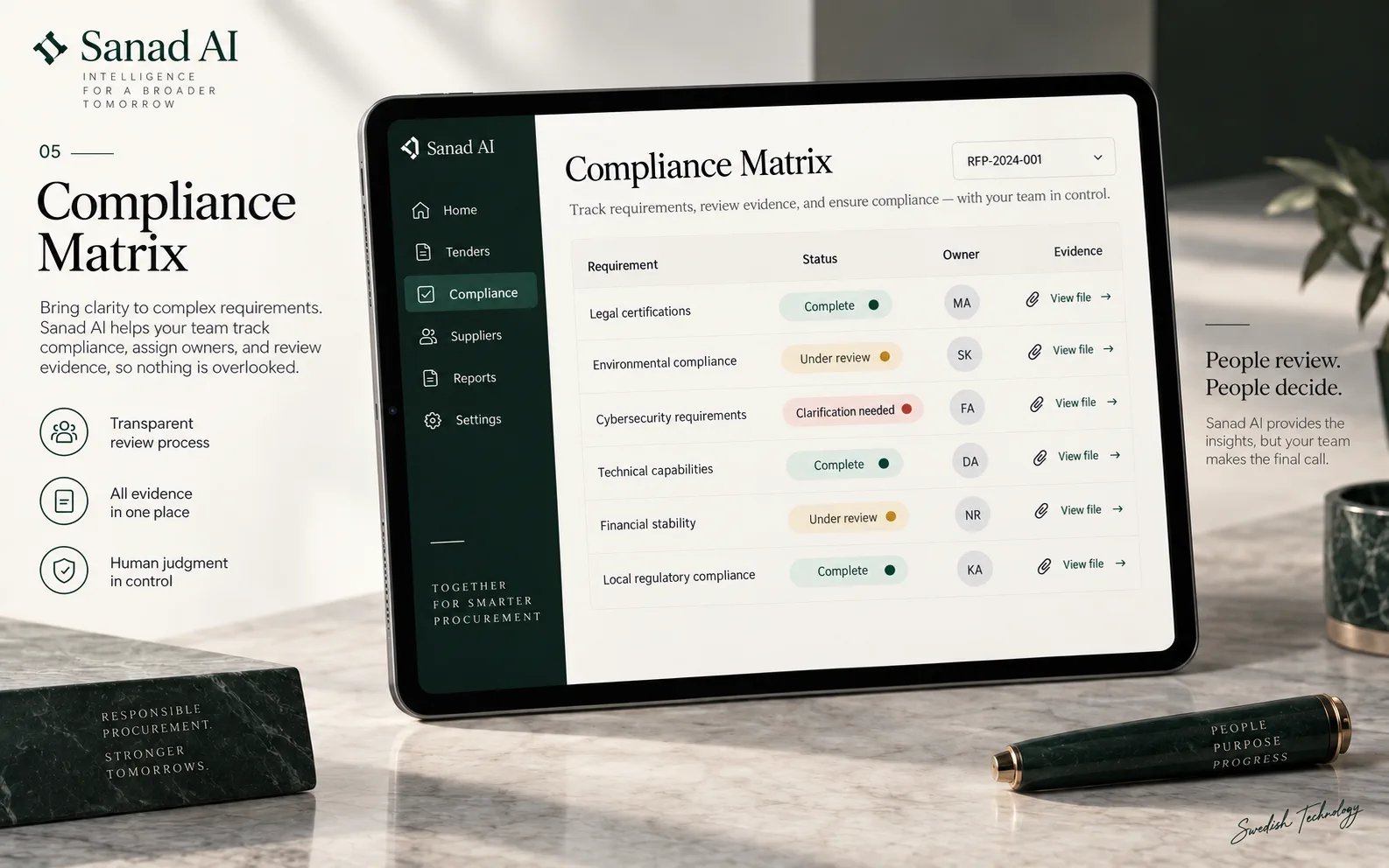Proposed tender compliance matrix with owners, evidence and review states