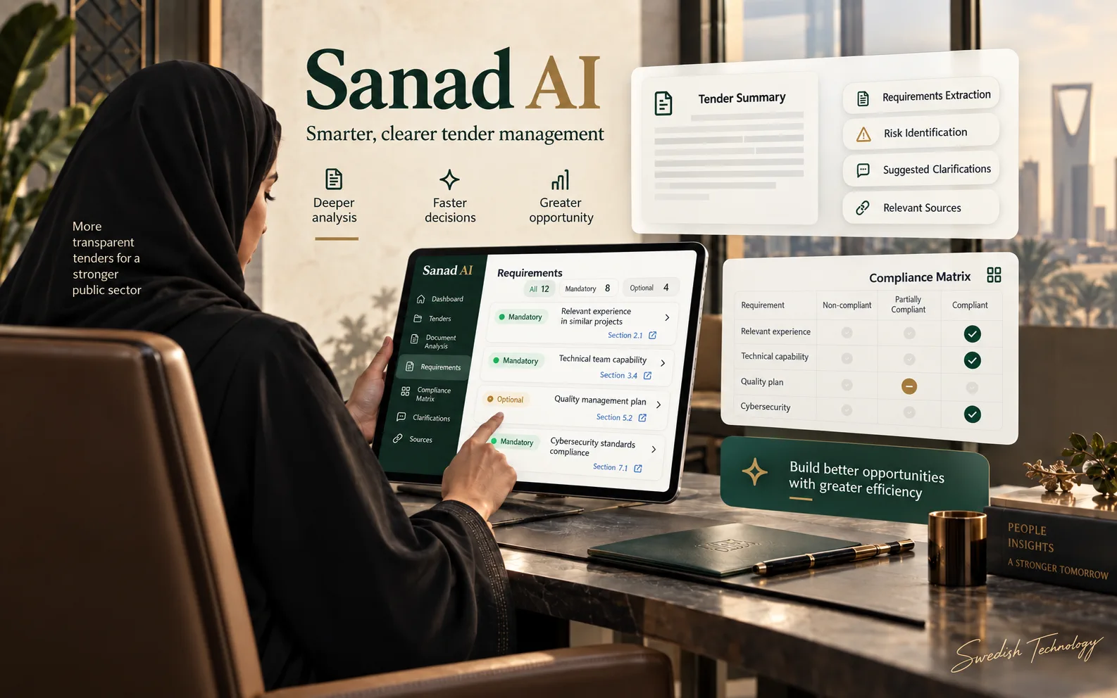 Sanad AI fictional concept showing tender requirements and a compliance review on a tablet
