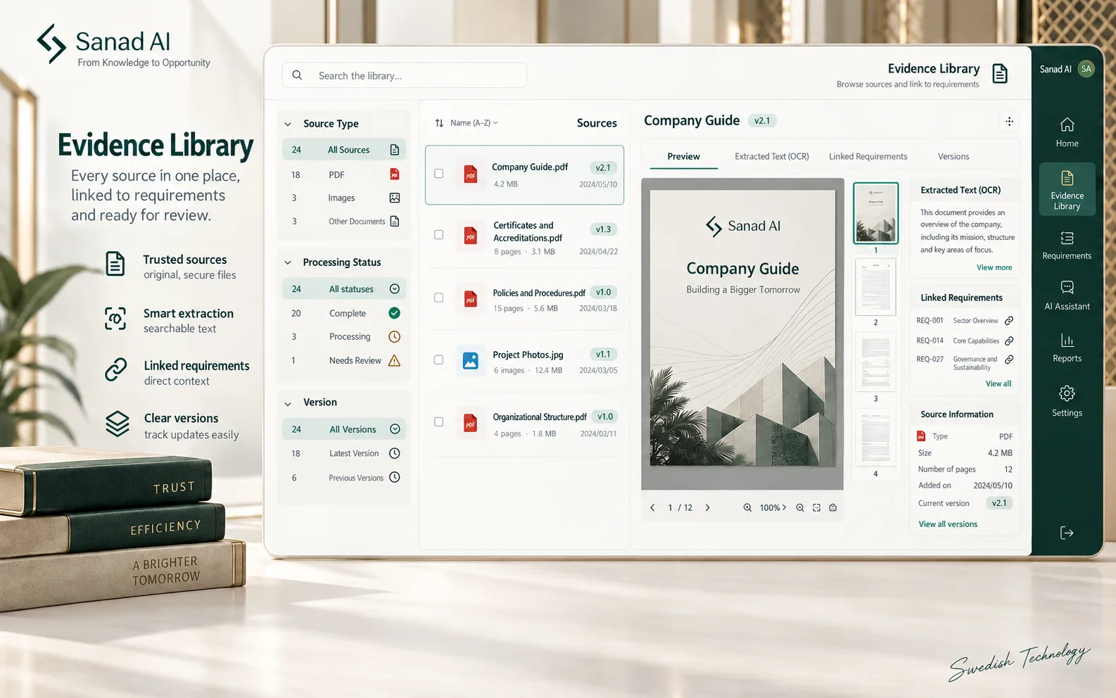 Proposed evidence library connecting source documents to tender requirements