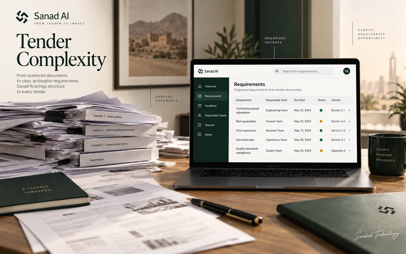 Tender requirements organized beside a source document