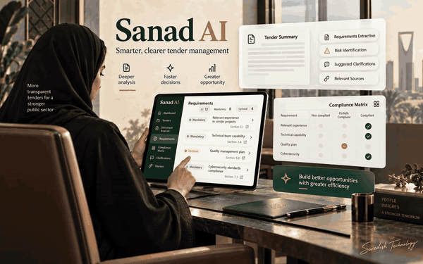 Animated Sanad AI concept showing tender intake, compliance analysis and human review