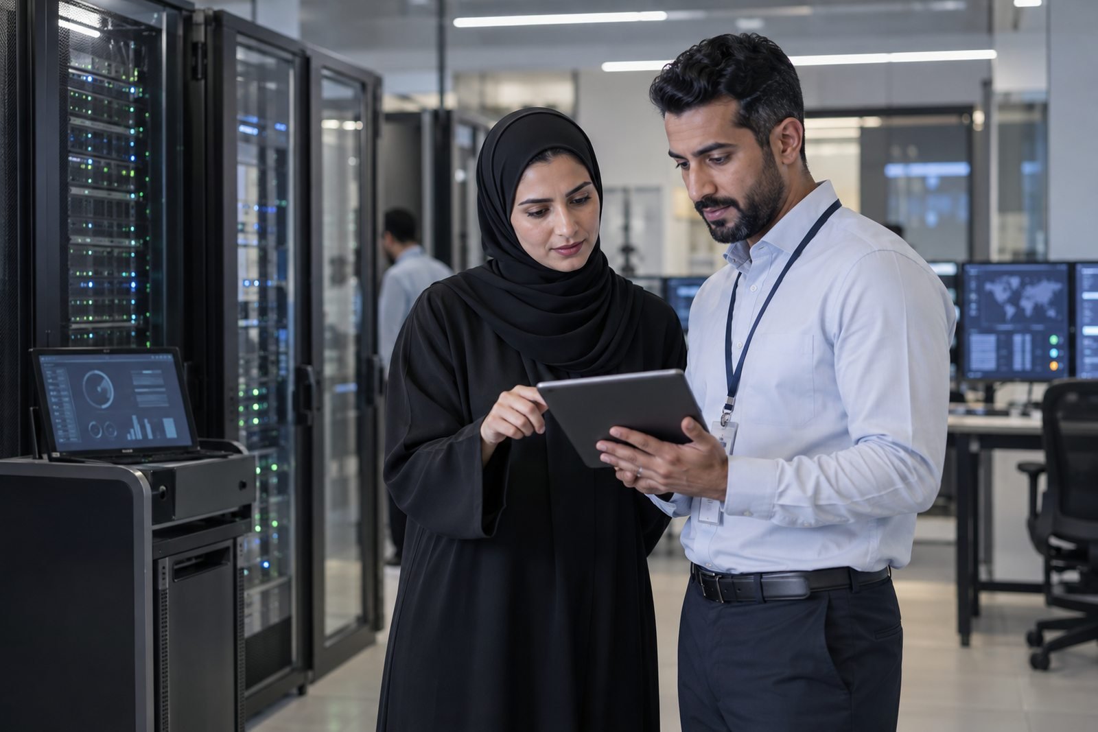 Engineers reviewing enterprise systems beside data-centre servers
