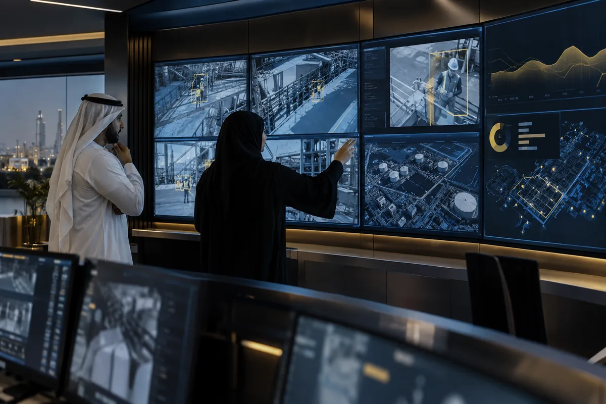 Illustrative UAE industrial safety team reviewing computer-vision alerts in a control room