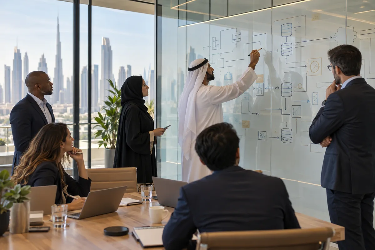 Illustrative UAE enterprise team mapping an ERP integration workflow