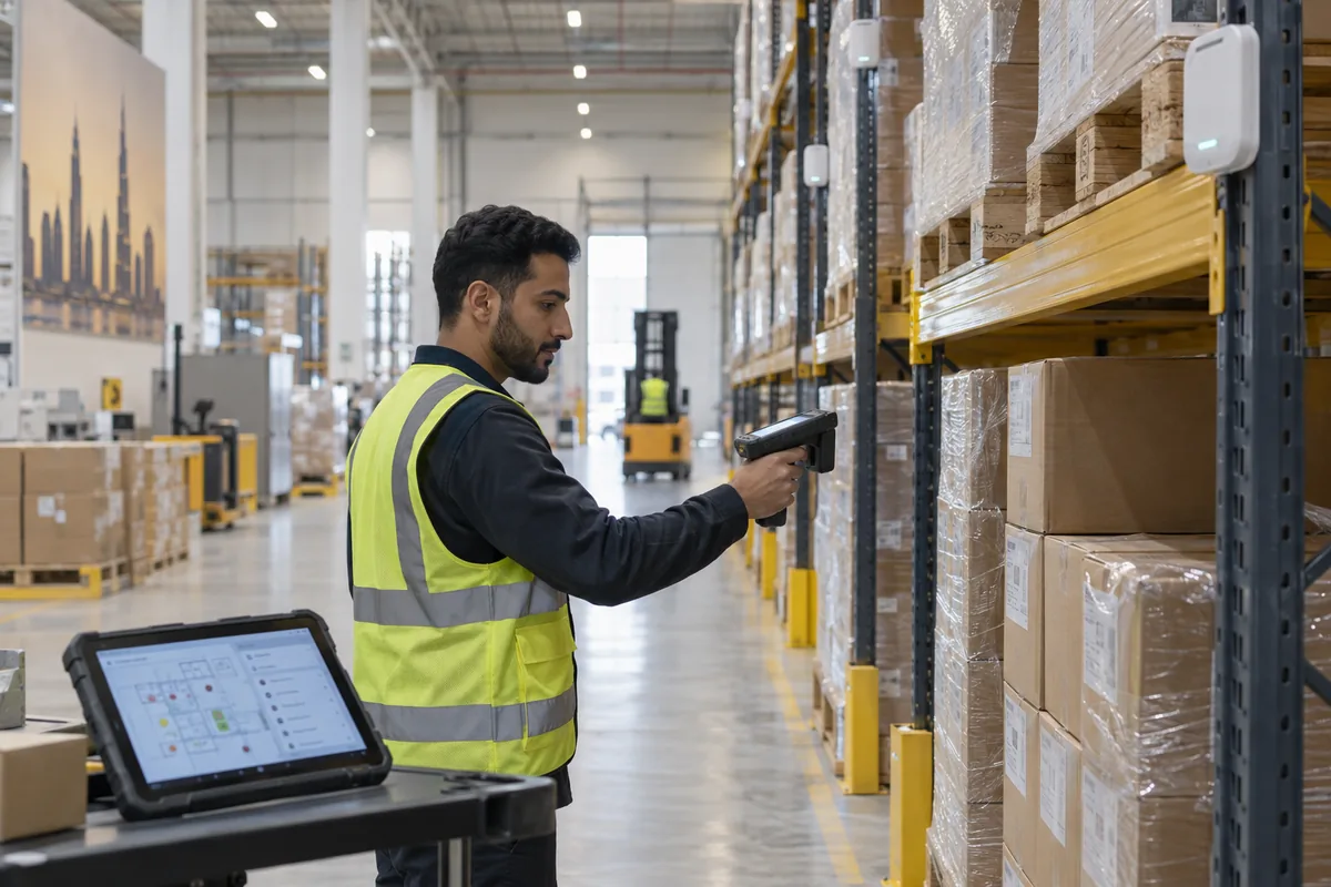 Warehouse operator using RFID to verify inventory movement