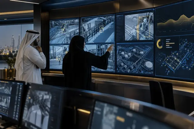 Illustrative UAE industrial safety team reviewing computer-vision alerts in a control room