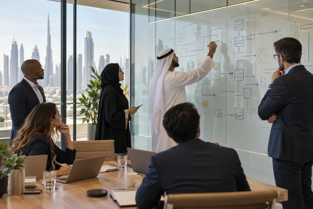Illustrative UAE enterprise team mapping an ERP integration workflow