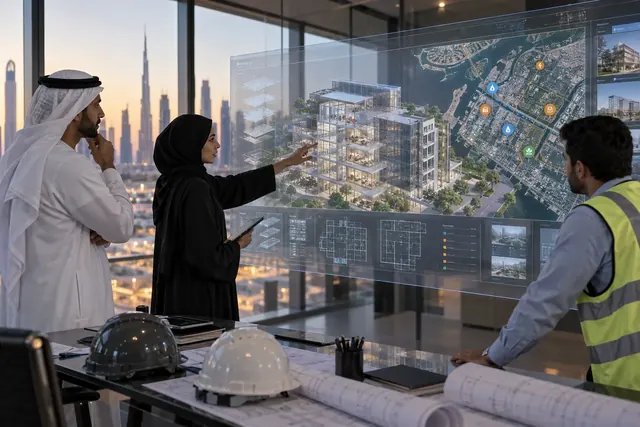 Illustrative UAE facility engineers reviewing a building digital twin and GIS model