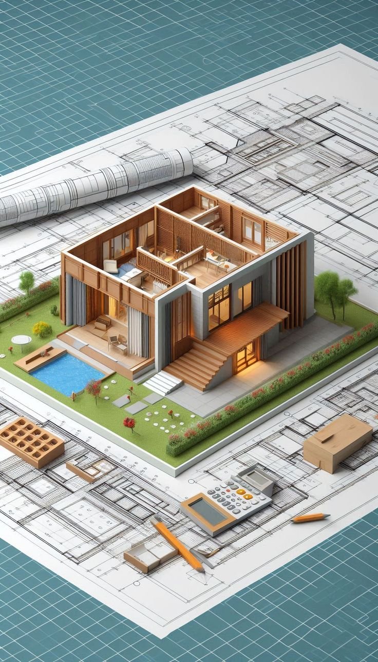 Three-dimensional building model shown over architectural floor plans, linking design data to facility operations