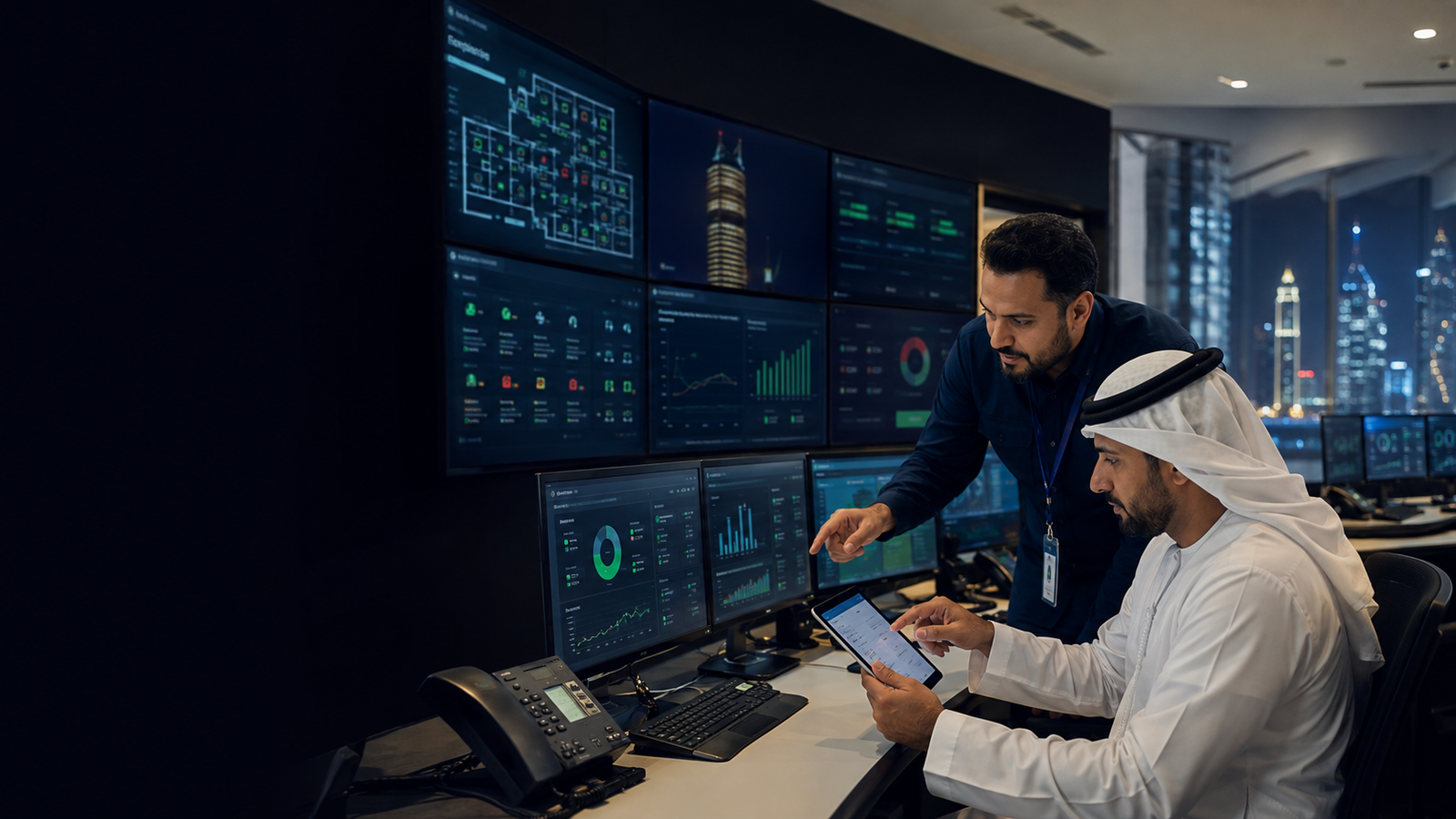 Facilities operations team monitoring building systems in a UAE control room
