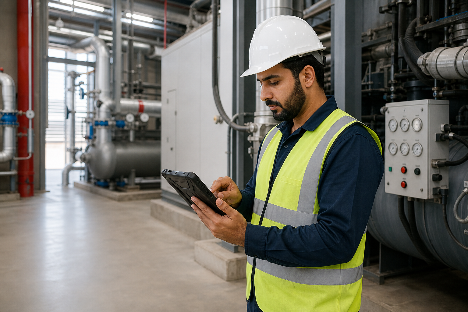 UAE facilities engineer reviewing building equipment on a rugged tablet