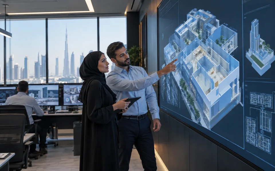 Facilities specialists reviewing a building digital twin model