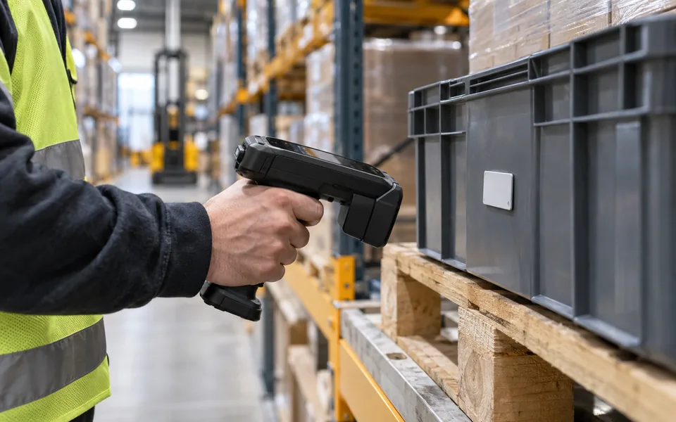 Warehouse operator scanning inventory with an RFID reader