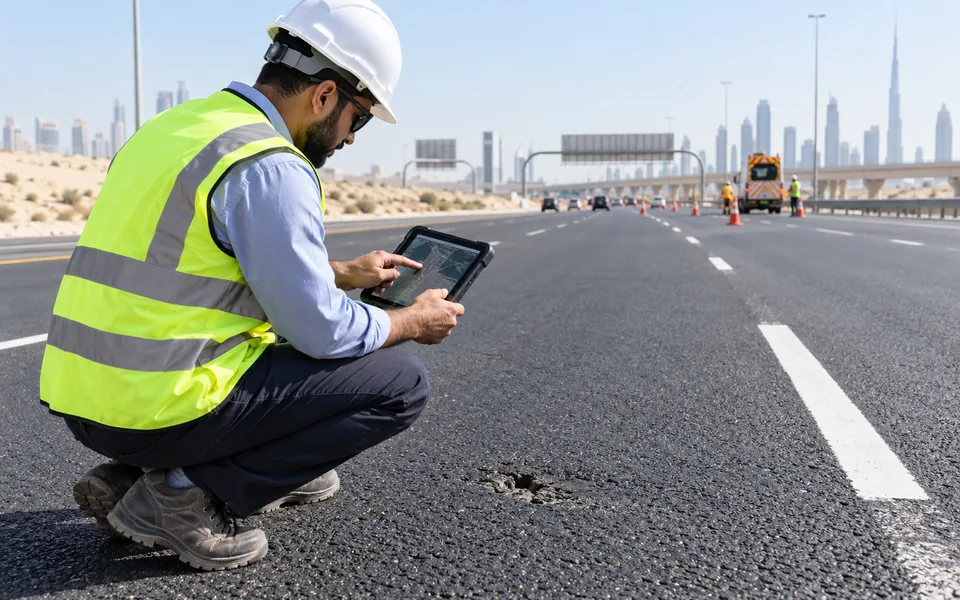 Road engineer documenting a pavement inspection with a mobile device