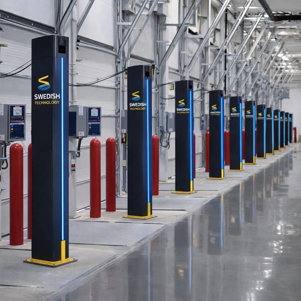 Row of RFID gate pedestals installed along a warehouse dock