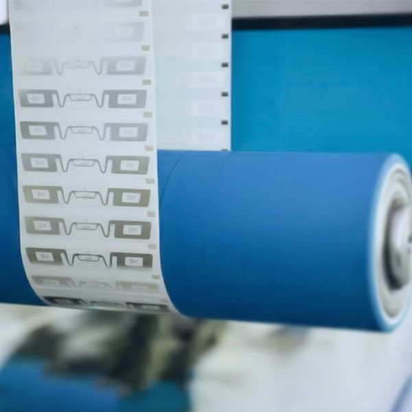 RFID inlay web running through a label converting and encoding machine
