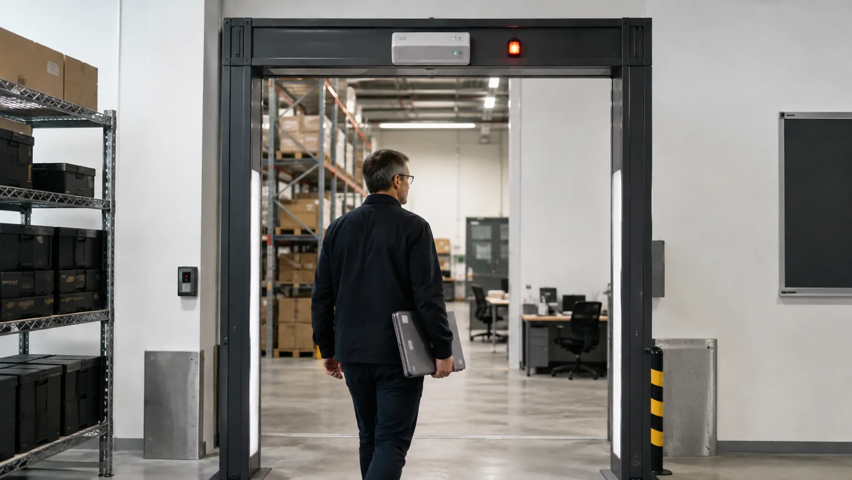 Smart RFID security door with an overhead antenna and alarm beacon detecting an unauthorized tagged laptop exit