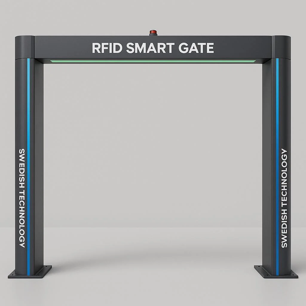 Front elevation of an RFID smart gate showing both antenna columns