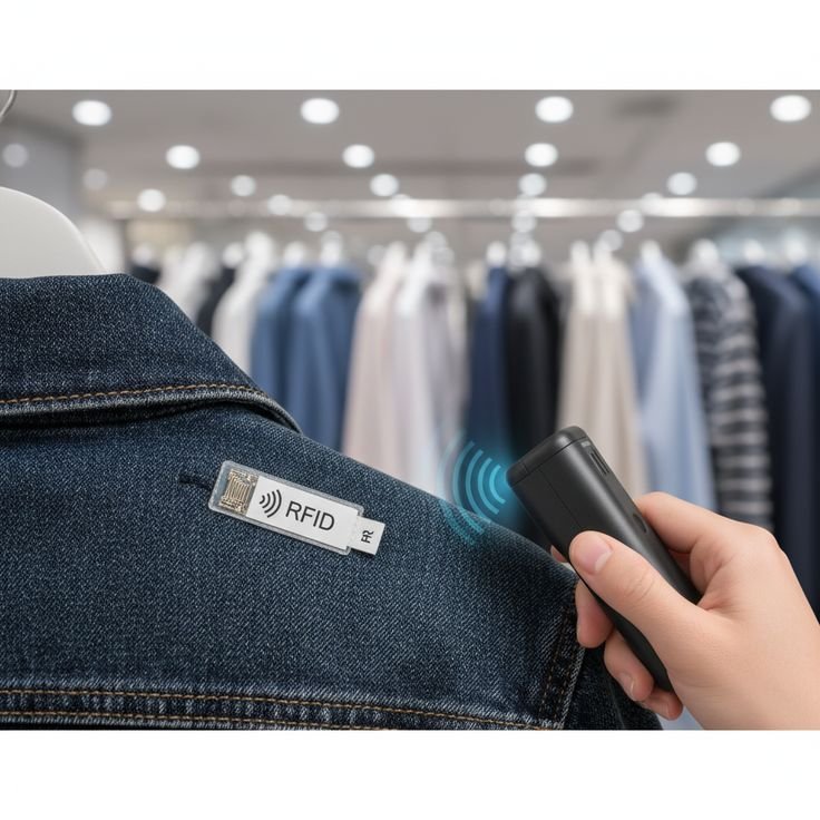 RFID tag on a garment being read with a handheld reader